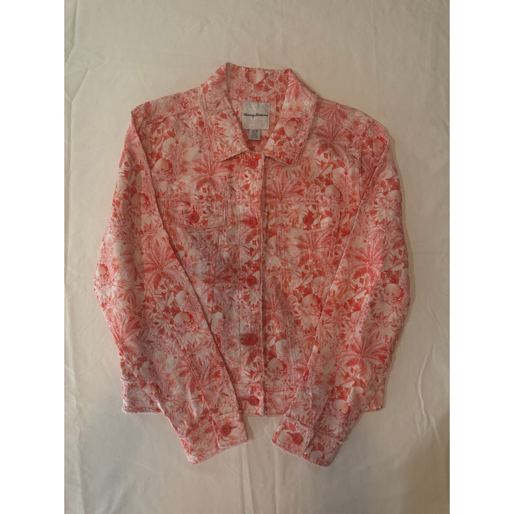 Tommy Bahama Coral 100% Linen Boho Tropical Floral Palm Print Resort Jacket Med